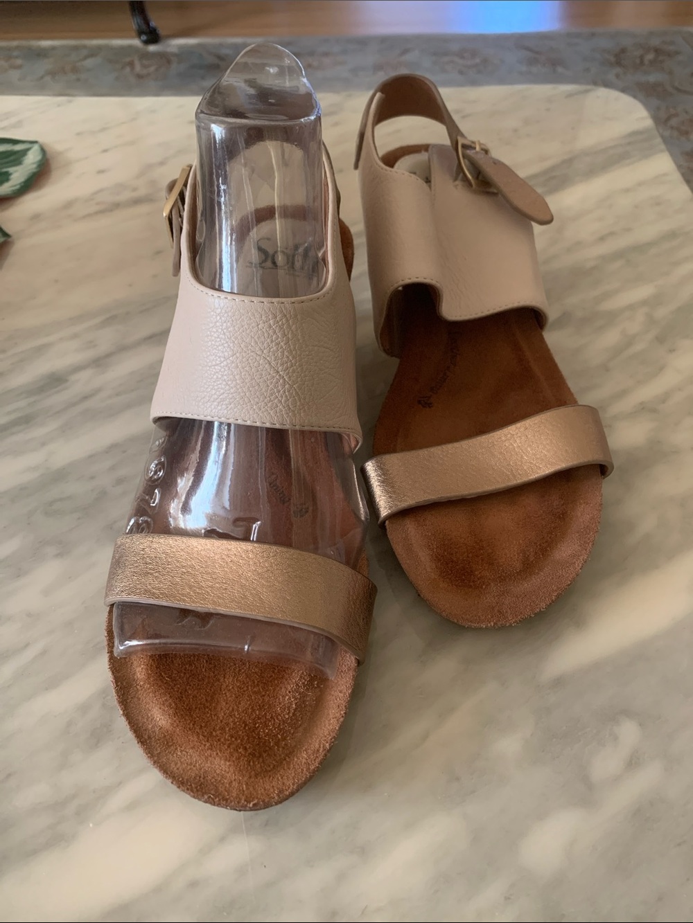 Sofft Two-Tone Nude and Rose Gold Leather Slingback Sandals